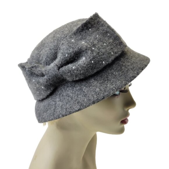 Grey Wool Hat Bow Sequin Accented Cloche Bucket Hat One Size - Picture 1 of 13